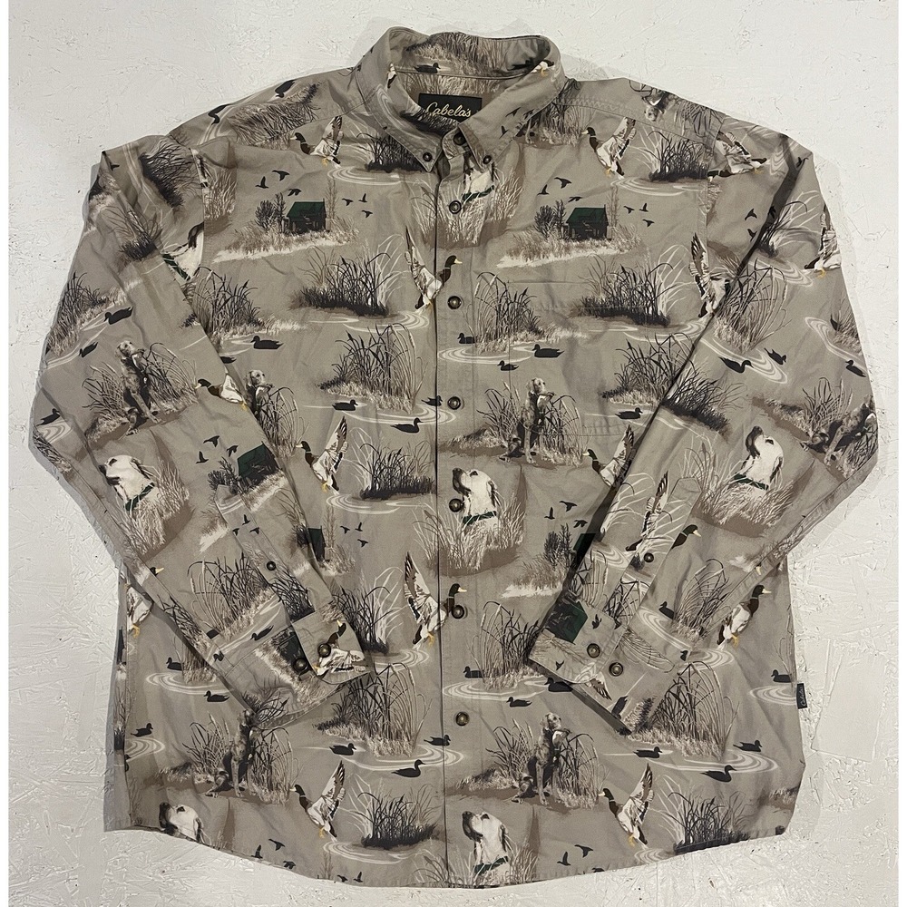 Cabelas Shirt Adult XL Beige Duck Button Down Long Sleeve Casual Cotton Mens